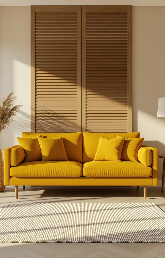 Medium shot mustard sofa against slatted oak wall