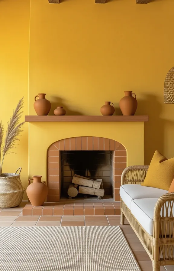 Medium shot terracotta tile fireplace surround with mustard