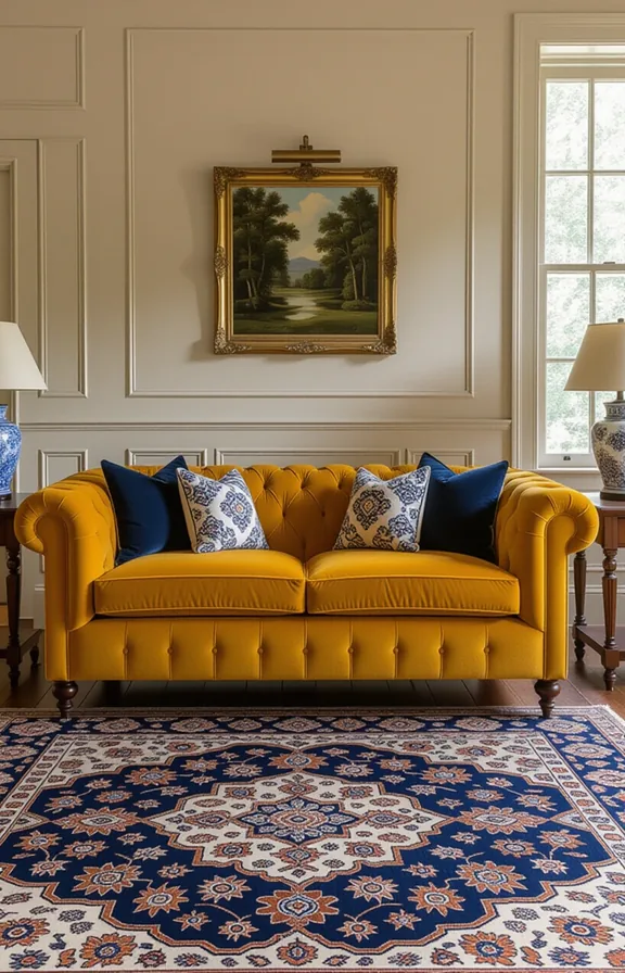 Medium shot large mustard chesterfield sofa the central
