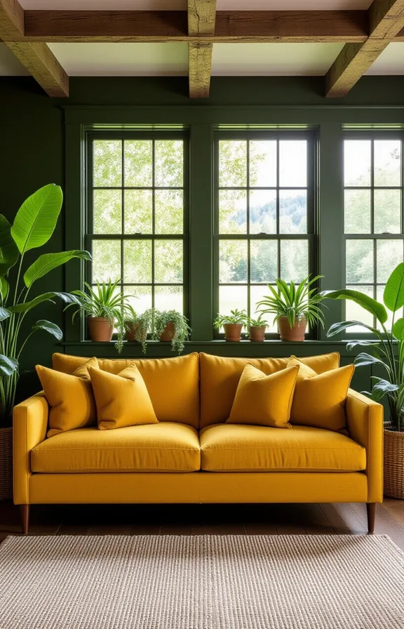 Medium shot mustard linen sofa against deep forest
