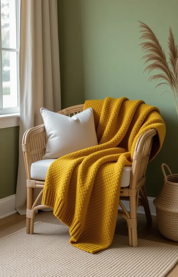 Medium shot mustard wool throw draped over rattan