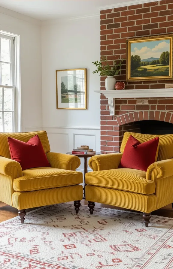 Medium shot two mustard corduroy slipcovered armchairs cozy