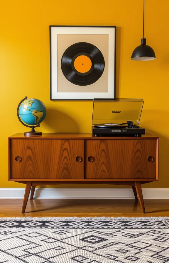 Medium shot teak sideboard against mustard accent wall
