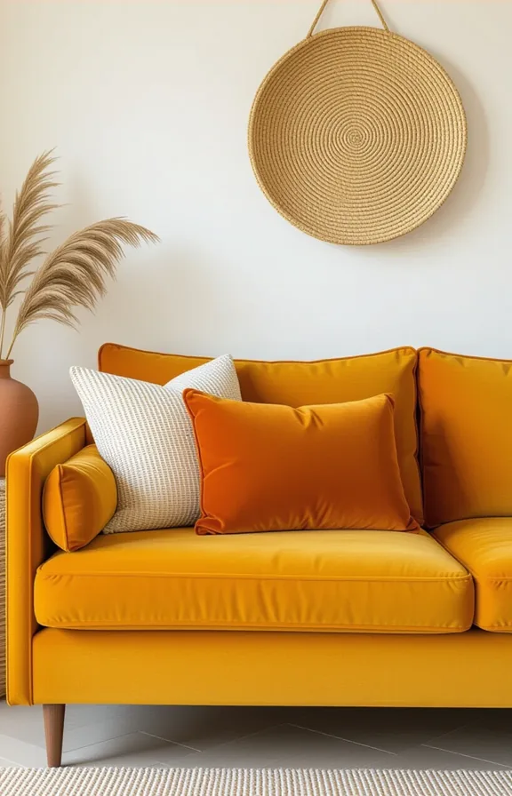 Medium shot burnt orange velvet pillow mustard linen