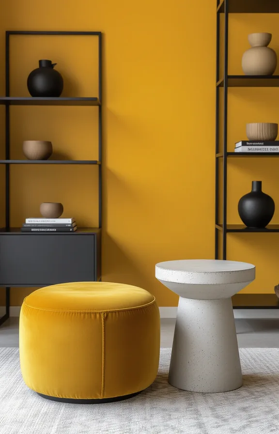 Medium shot concrete side table next mustard velvet