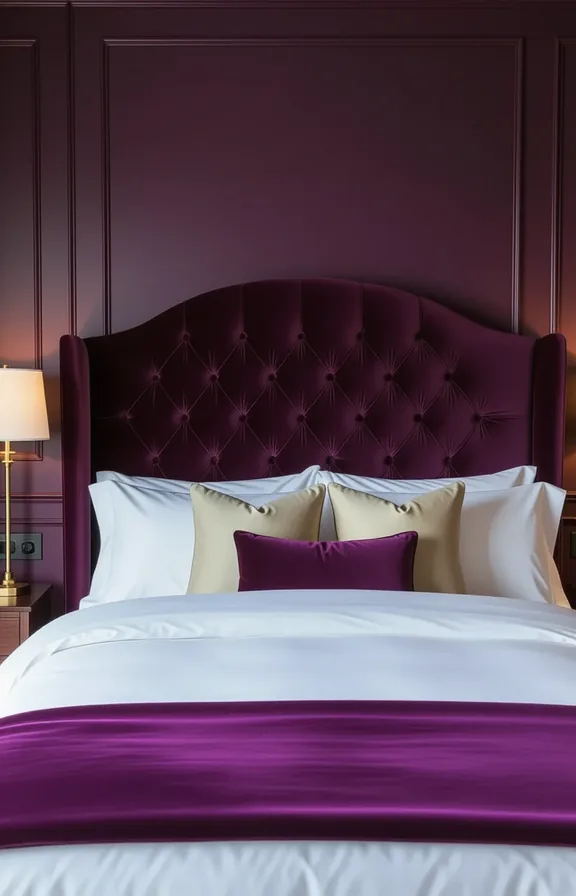 high-back bed with deep plum velvet headboard bedroom