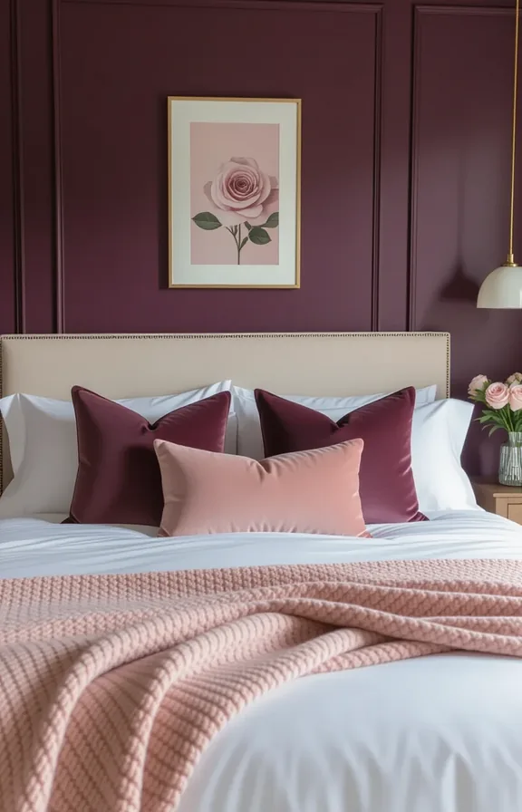 Three-quarter view bedroom with plum walls featuring soft