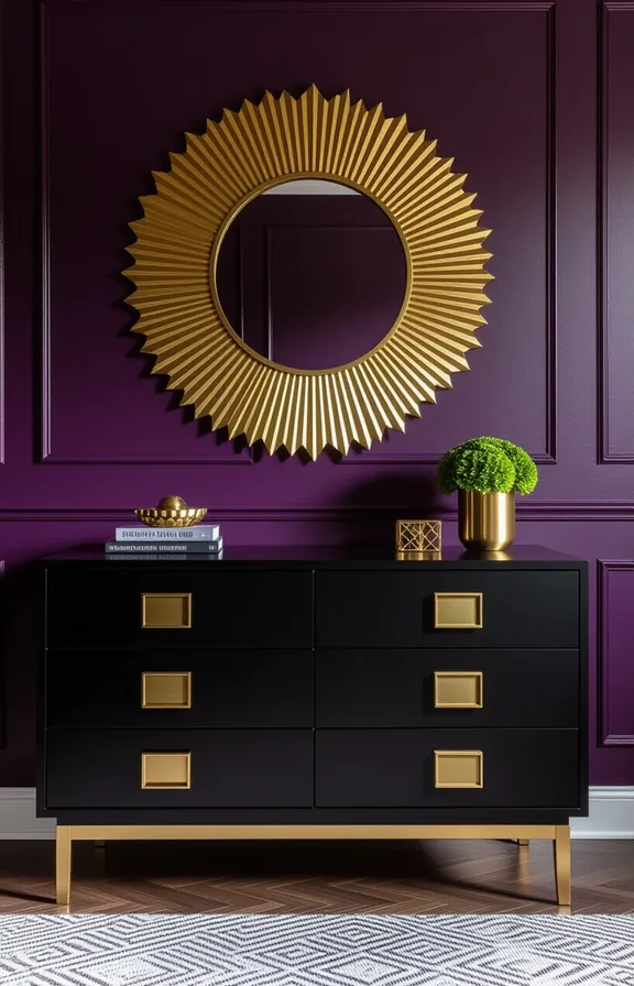 bedroom dresser with geometric brass handles and sunburst