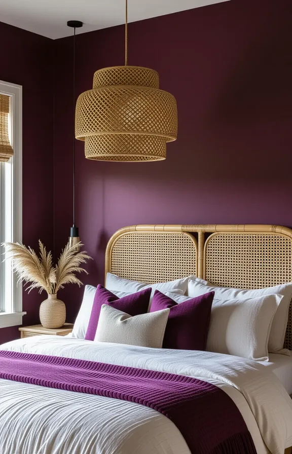Three-quarter view natural rattan headboard and woven pendant
