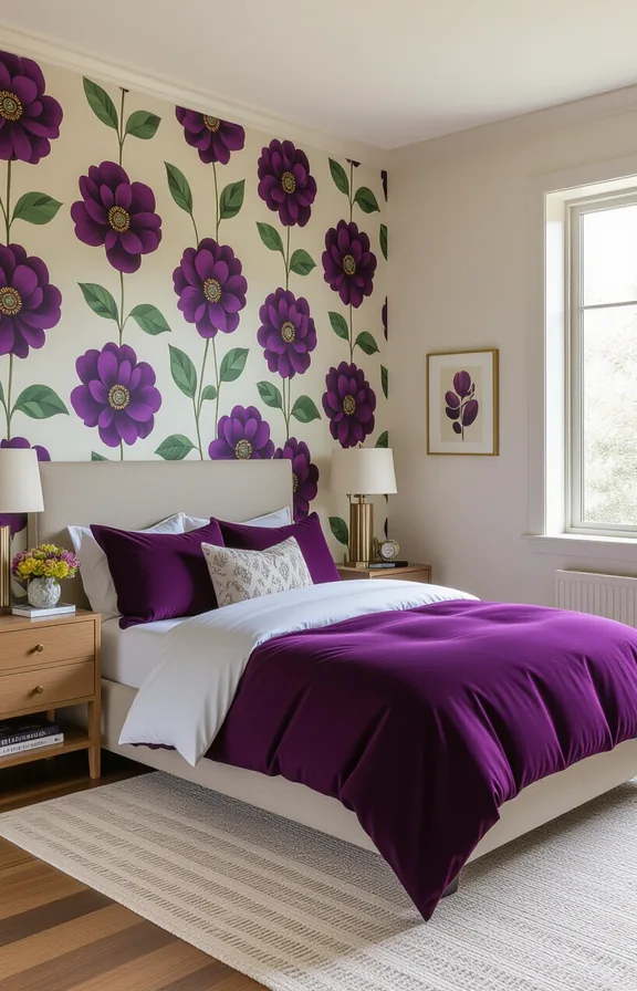 bedroom featuring single accent wall covered large-scale floral
