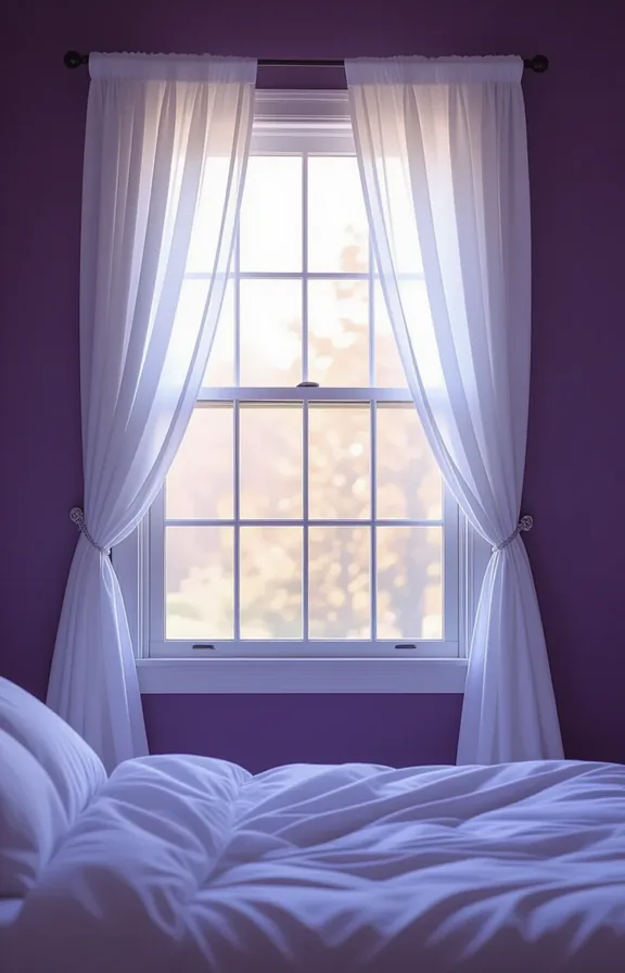 Three-quarter view window bedroom with plum walls dressed