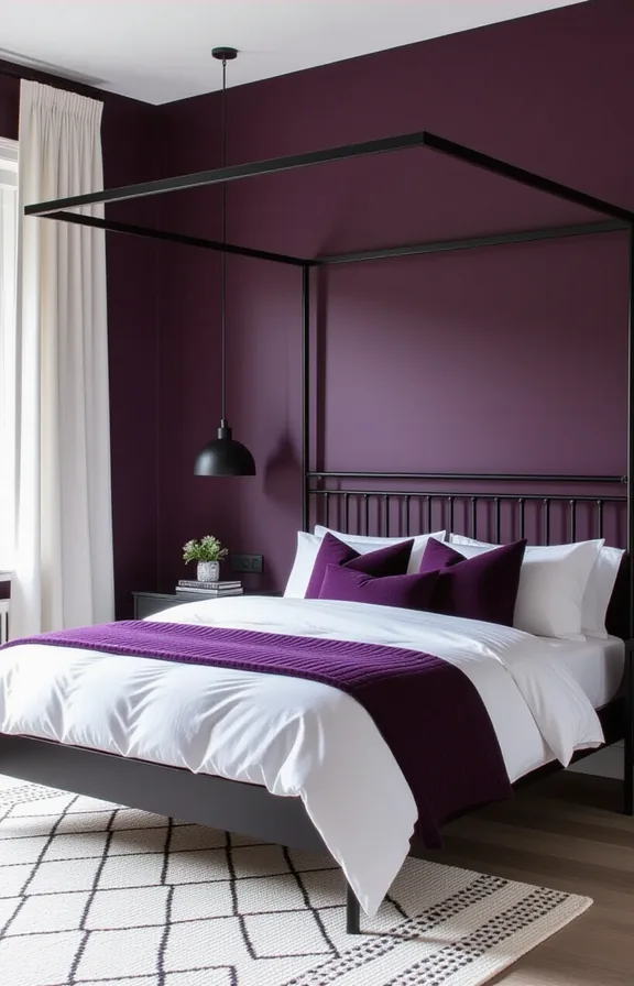 Three-quarter view black metal canopy bed frame standing
