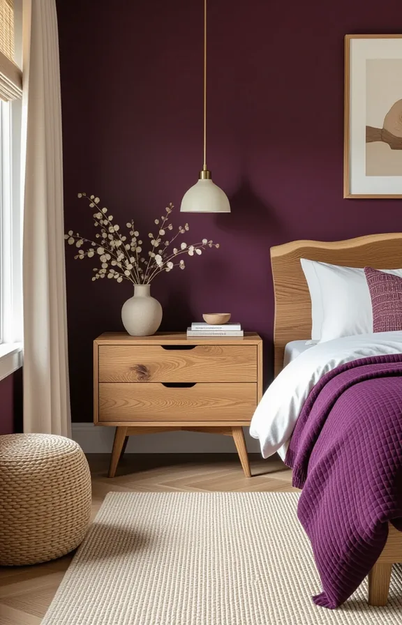 bedroom with plum walls showcasing live-edge wood nightstand