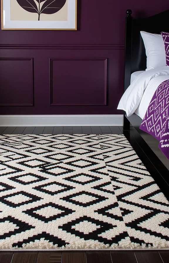 Three-quarter view geometric patterned rug black and cream