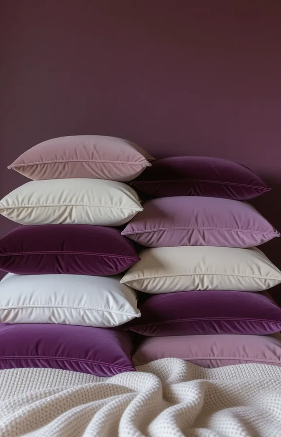 bed piled with layered pillows velvet and linen