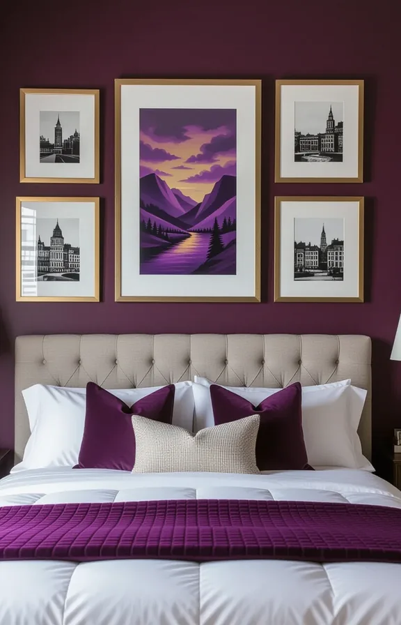 Three-quarter view eclectic gallery wall framed art and