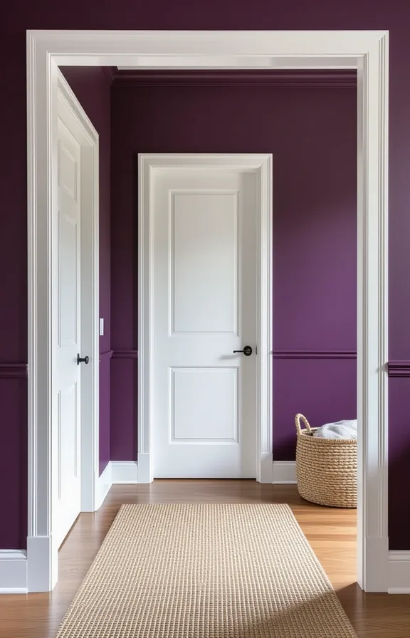 classic white trim and door frames providing crisp contrast to deep plum walls in a bedroom