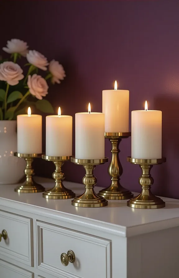 Three-quarter view collection pillar candles brass holders bedroom