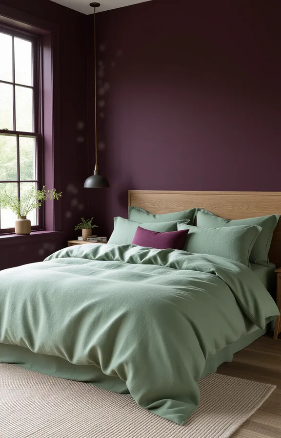 made bed with sage green linen bedding placed
