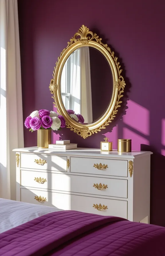 Three-quarter view bedroom vignette with gilt-framed mirror and