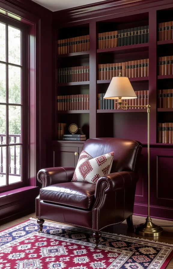 Three-quarter view cozy reading nook with leather chair