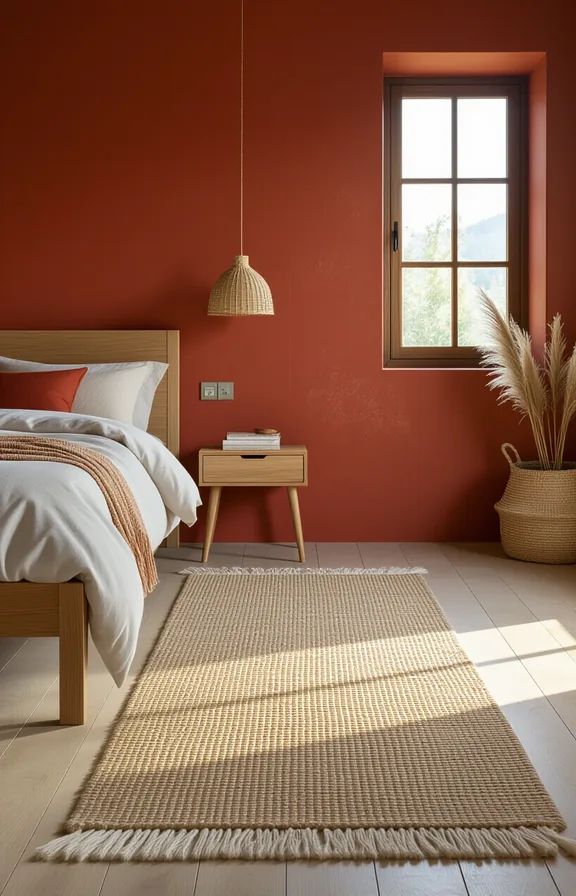 Medium shot bedroom floor with long textured jute