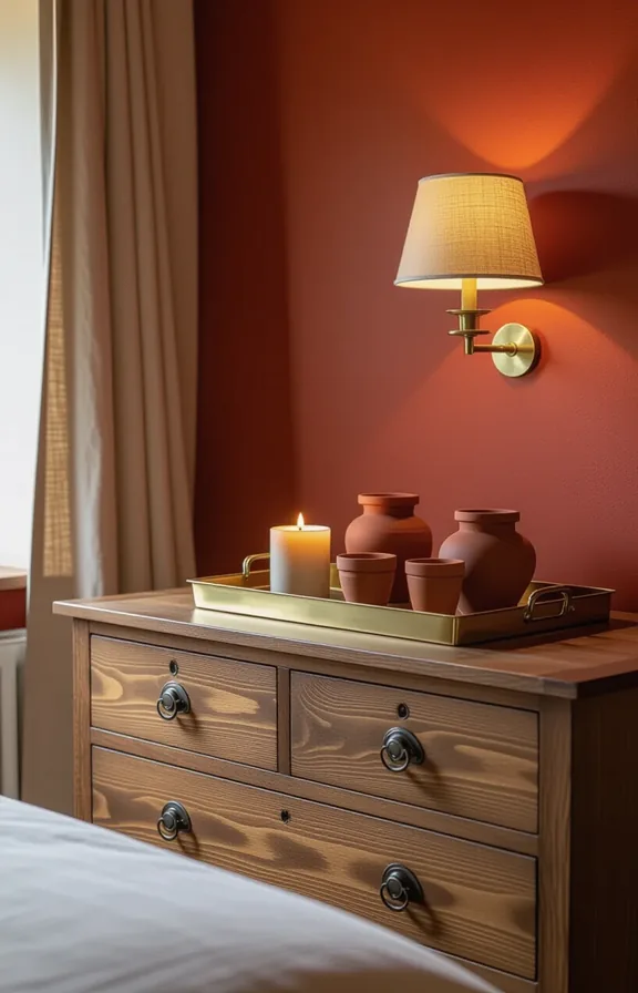 Three-quarter view bedroom dresser top styled with brass