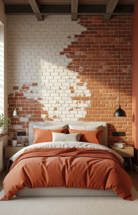 Wide shot bedroom with feature wall behind the