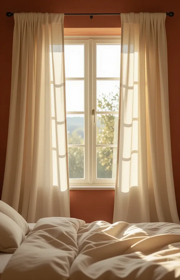 Medium shot bedroom window with floor-to-ceiling natural linen