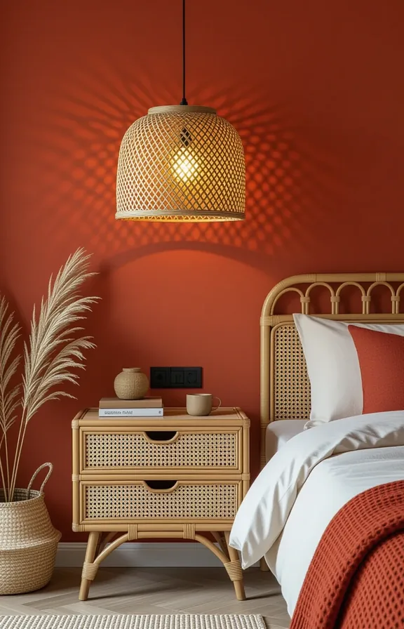 Three-quarter view compact bedroom with rattan pendant light