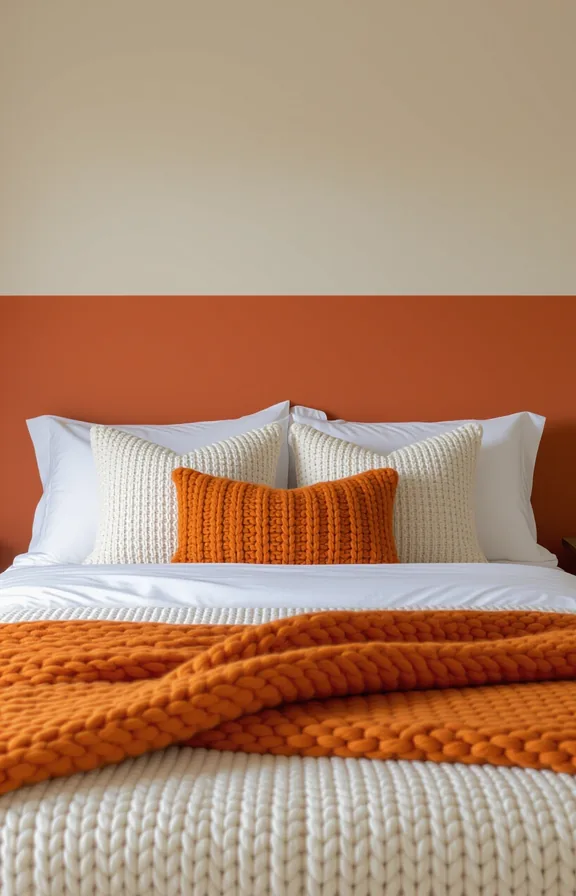 neatly made bed with chunky knit throw blanket