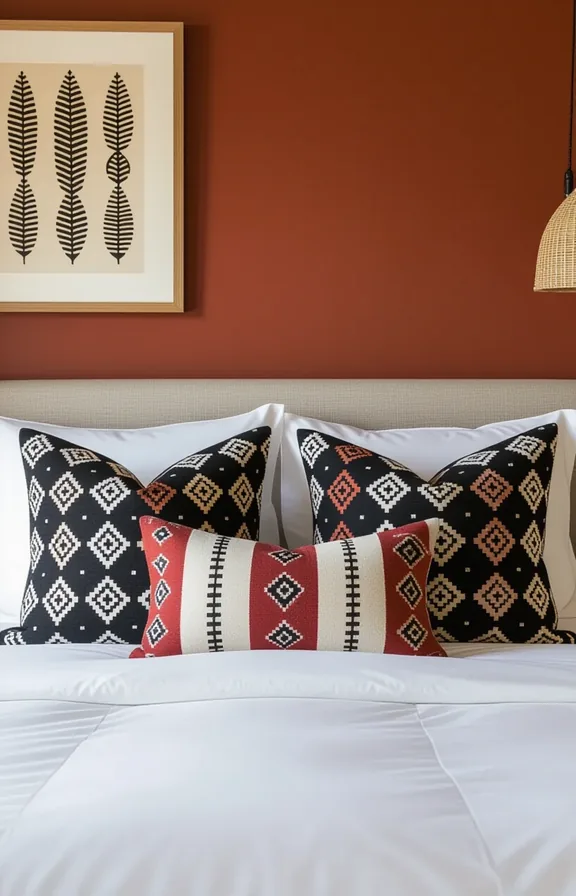Medium shot bed layered with pillows two standard