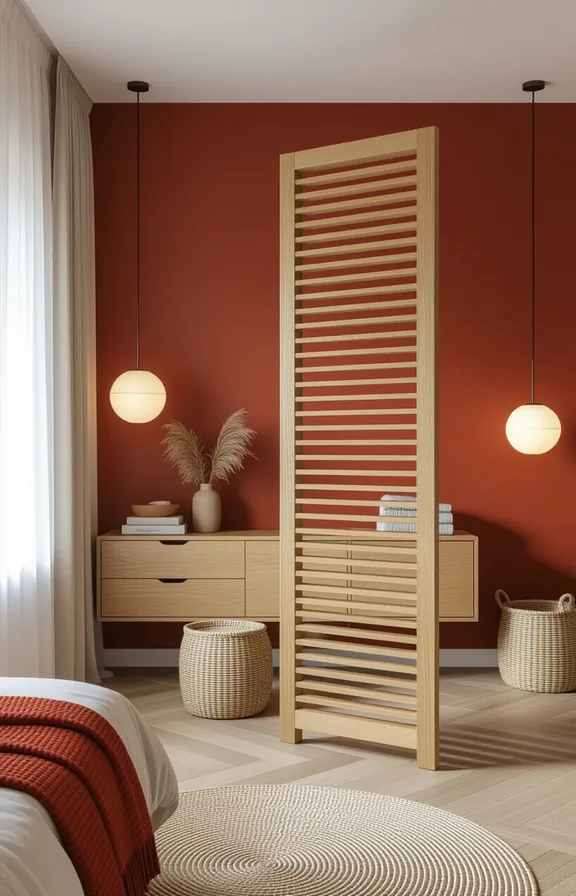 Wide shot freestanding slatted wood room divider partially