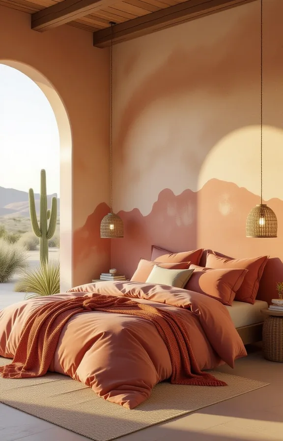 Three-quarter view bedroom with bedding and textiles desert