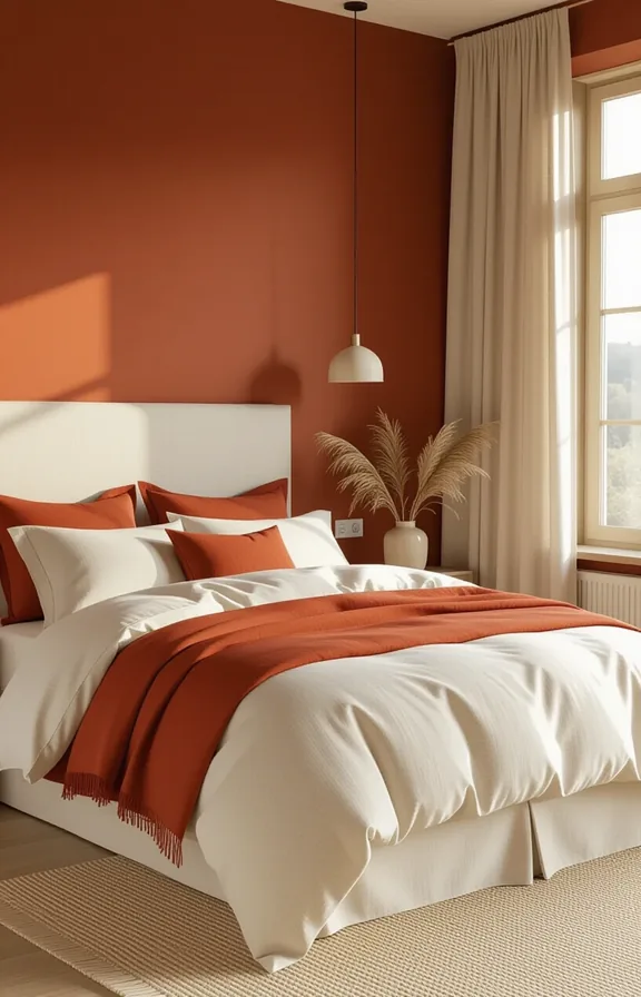 Three-quarter view double bed with layered linen bedding