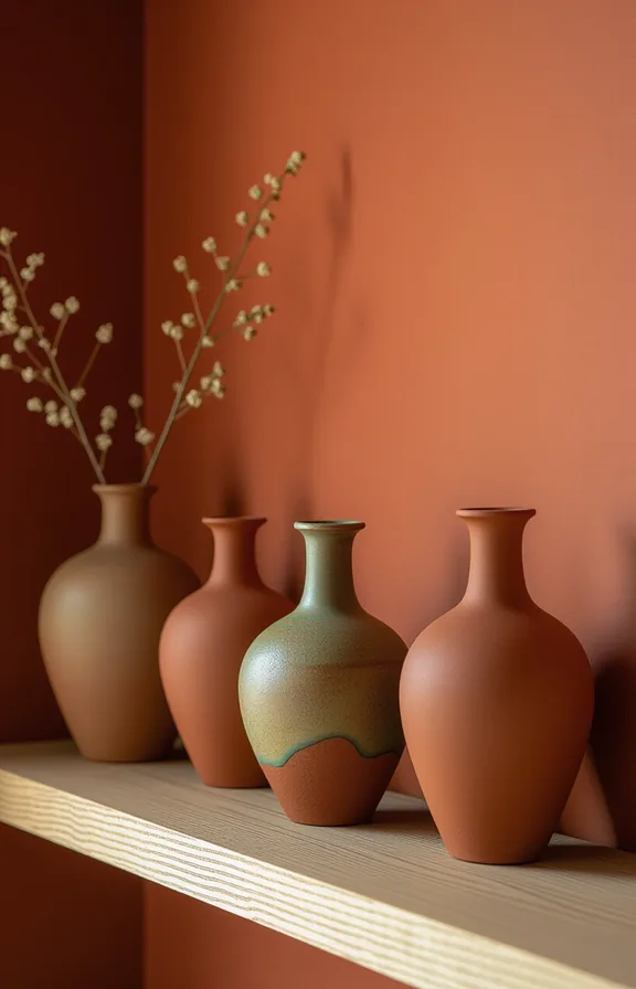 collection ceramic vases varying rust and terracotta glazes