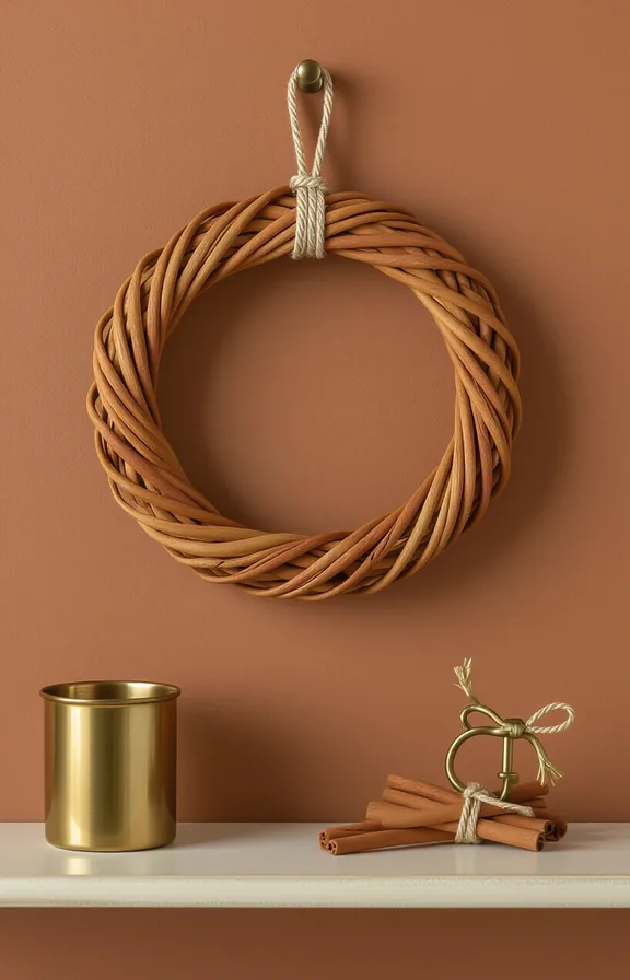Medium shot simple cinnamon stick wreath hanging bedroom