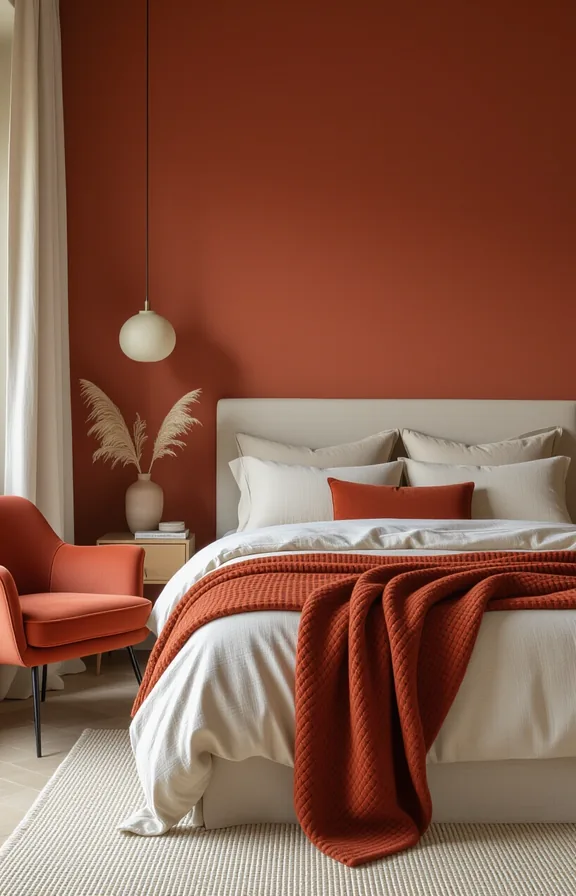 Wide shot bedroom with layers warm neutral textiles