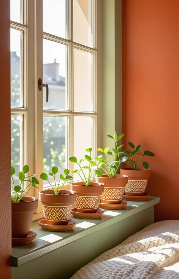 Three-quarter view bedroom windowsill with several small potted