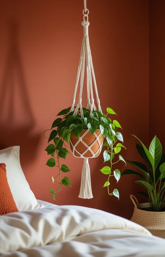 macramé plant hanger suspended from the ceiling bedroom