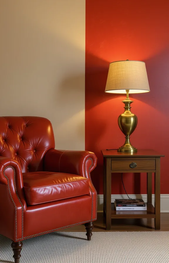 compact bedroom corner with vintage rust-coloured leather armchair