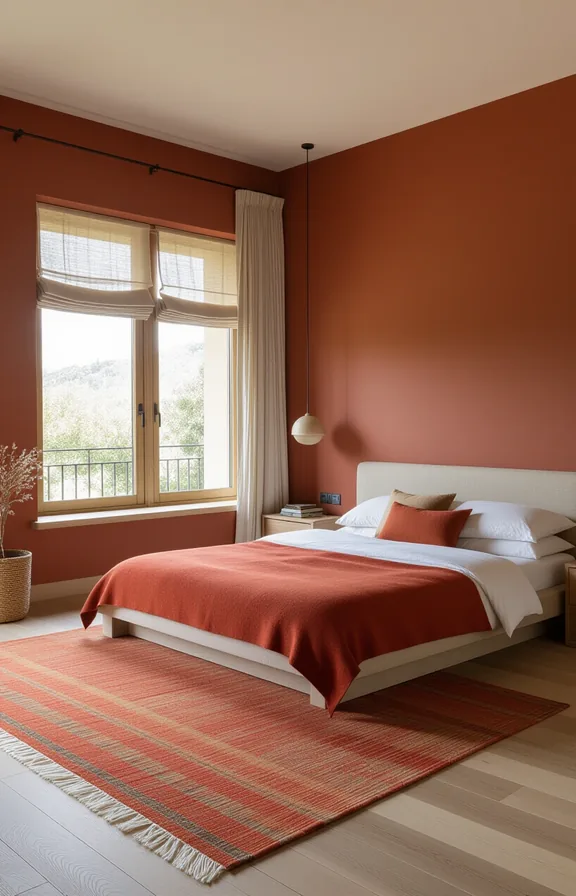 Wide shot medium-sized bedroom with large burnt sienna