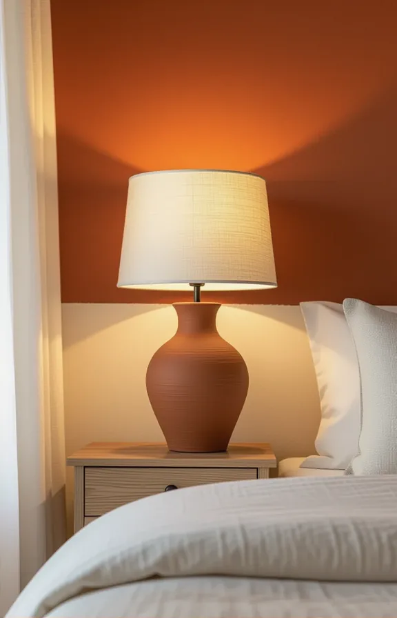 Medium shot bedroom nightstand with table lamp featuring a hand-thrown clay pot base and a linen lampshade