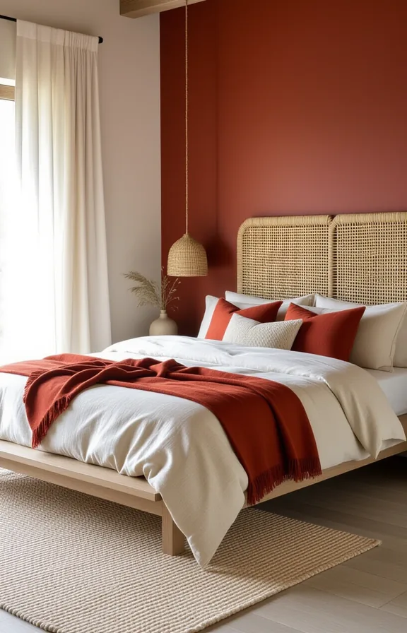 Three-quarter view bedroom with low platform bed featuring a woven raffia headboard and neutral bedding against a textured wall.