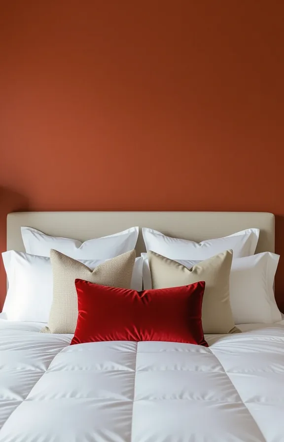 made bed with white duvet and several throw