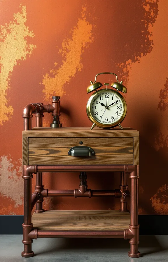 Medium shot unique nightstand made from repurposed copper