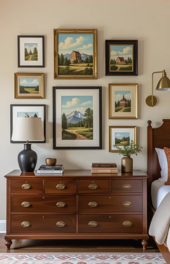 Wide shot bedroom wall above dresser with eclectic
