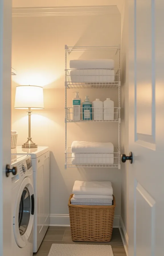 3/4 view small laundry room with white walls