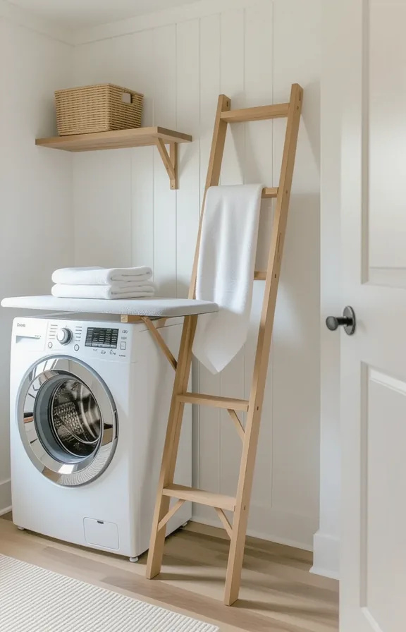 3/4 view small laundry nook with white walls.