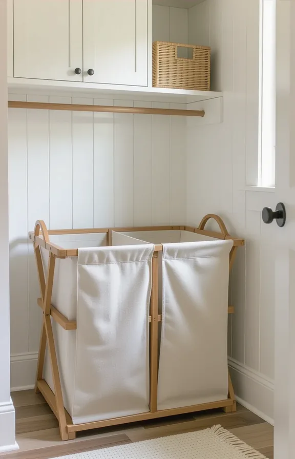 3/4 view compact laundry room with white walls.
